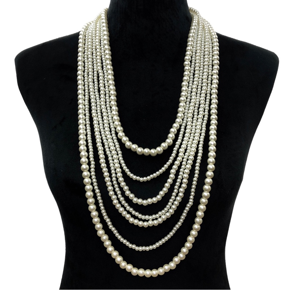 7 Row Layered Long Pearl Statement Necklace